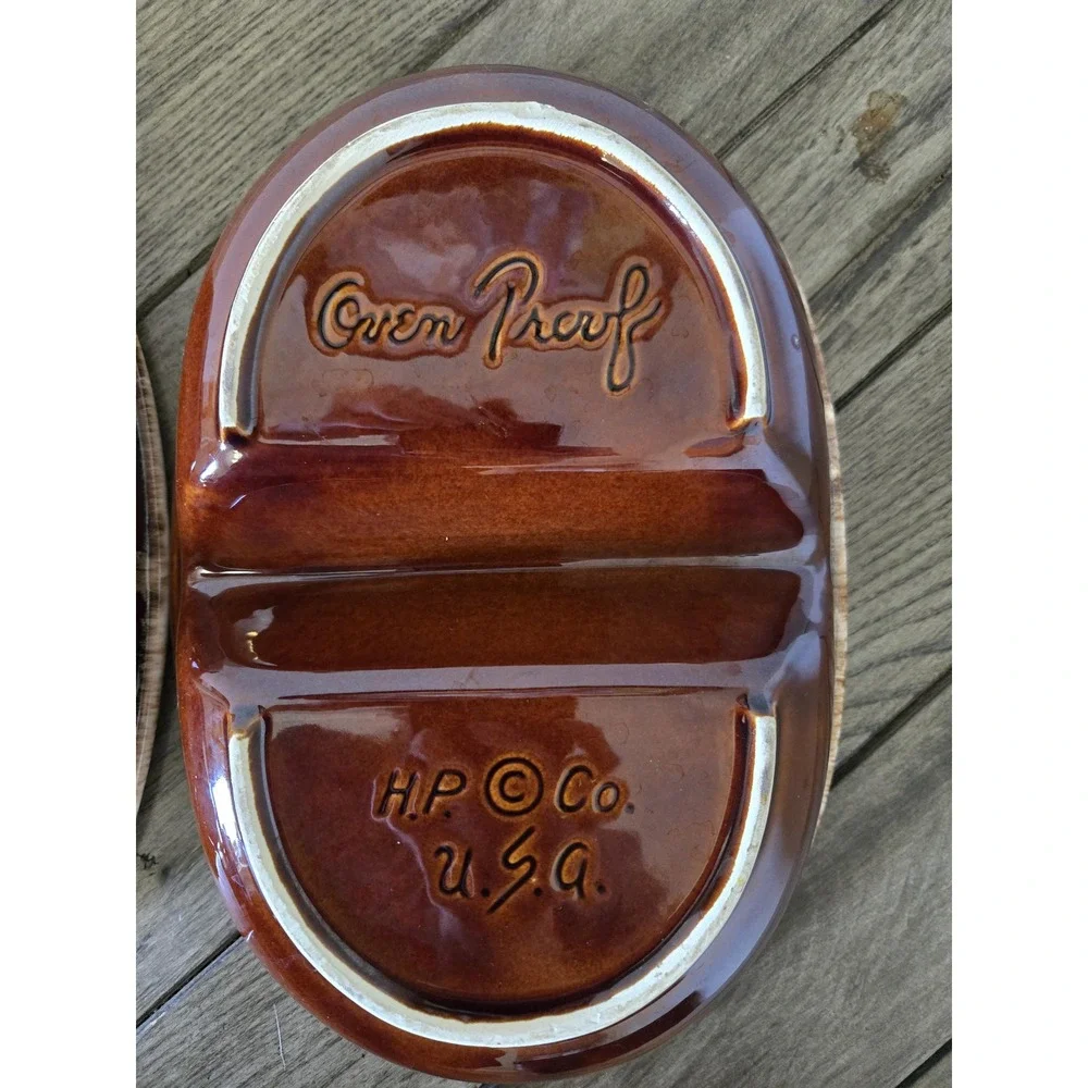 Set Of 2 Divided Oval Serving Dish Hull Oven Proof HP Co. Brown Drip Glaze 11